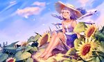  ^_^ ^o^ adapted_costume arms_at_sides bangs bare_arms barefoot blue_dress blue_hair blue_ribbon blue_sky blush choker cirno closed_eyes cloud collarbone day dress eyebrows_visible_through_hair flower frilled_dress frills hat hat_ribbon highres ice ice_wings knees_up outdoors ribbon round_teeth short_hair sitting sky sleeveless sleeveless_dress smile solo straw_hat summer sun_hat sunflower teeth toenail_polish touhou wei_li wings 