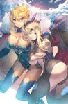  aguy armpits artoria_pendragon_(all) artoria_pendragon_(lancer) artoria_pendragon_(lancer_alter) blonde_hair blue_eyes blue_legwear blue_leotard blush breasts cape cleavage commentary_request covered_navel crown fate/grand_order fate_(series) fur_trim hair_between_eyes highleg highleg_leotard horns large_breasts leotard looking_at_viewer multiple_girls pale_skin parted_lips sidelocks smile thighhighs underboob yellow_eyes 