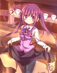  bangs black_legwear blush bow bowtie breasts character_name closed_mouth collared_shirt counter cowboy_shot cup flying_sweatdrops gochuumon_wa_usagi_desu_ka? heart hinata_yuu_(atelierhinata) indoors lifted_by_self long_hair long_sleeves pantyhose purple_bow purple_eyes purple_hair purple_neckwear purple_vest rabbit_house_uniform saucer shelf shirt sidelocks signature sketch skirt skirt_lift small_breasts solo standing tedeza_rize twintails vest white_shirt wing_collar 