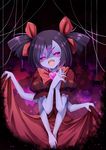  :d bare_arms blush bow bowtie bright_pupils bug commentary_request dress extra_eyes fangs gradient gradient_background hair_ribbon hands_clasped heart highres insect_girl looking_at_viewer monster_girl muffet multiple_arms open_mouth own_hands_together pink_eyes puffy_short_sleeves puffy_sleeves purple_hair purple_skin red_bow red_dress red_neckwear red_ribbon ribbon shaded_face short_sleeves silk skirt_hold smile solo spider spider_girl spider_web two_side_up undertale v_arms z.o.b 