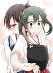  blush brown_eyes brown_hair commentary_request green_hair highres hug hug_from_behind japanese_clothes kaga_(kantai_collection) kantai_collection long_hair multiple_girls muneate side_ponytail twintails yasaka_shuu yuri zuikaku_(kantai_collection) 