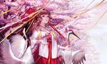  :d alternate_costume bangs bird blunt_bangs bow brown_hair cherry_blossoms confetti cowboy_shot crane_(animal) cross-laced_clothes eyebrows_visible_through_hair hair_bow hair_tubes hakama hakurei_reimu happy highres japanese_clothes kimono long_hair long_sleeves looking_away open_mouth outdoors pom_pom_(clothes) red-crowned_crane red_bow red_eyes red_hakama round_teeth smile solo spring_(season) standing tassel teeth touhou tree wei_li wide_sleeves 