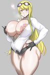  10s 1girl areola_slip areolae bandai bangs bare_legs black_gloves black_shorts blonde_hair blue_eyes blush breasts cleavage curvy digimon digimon_story:_cyber_sleuth dress_shirt erect_nipples female gloves hair_ornament heavy_breathing highres huge_breasts jewelry kuremi_kyouko long_hair looking_at_viewer midriff natedecock navel ndc no_bra pubic_hair puffy_nipples shiny_skin shirt short_shorts shorts simple_background solo sunglasses sunglasses_on_head sweat thick_thighs thighs white_shirt wide_hips 