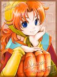  artist_request blue_eyes breasts curly_hair dragon_quest dragon_quest_vii dress hat hood long_hair maribel_(dq7) medium_breasts red_hair solo source_request 