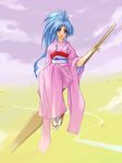  1girl 90s artist_request blue_eyes blue_hair botan_(yuu_yuu_hakusho) breasts dress female kimono long_hair looking_at_viewer ponytail sitting smile yuu_yuu_hakusho 