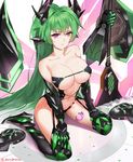  absurdres artist_name bare_shoulders boots breasts cleavage elbow_gloves gloves green_hair green_heart green_heart_(chaos_form) headgear highres large_breasts long_hair looking_at_viewer navel nepnep_connect:_chaos_chanpuru neptune_(series) purple_eyes seiza sendrawz sitting solo tattoo thigh_boots thighhighs very_long_hair 
