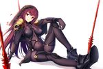  armor bodysuit breasts covered_navel drogoth fate/grand_order fate_(series) full_body gae_bolg highres large_breasts long_hair looking_at_viewer pauldrons polearm purple_bodysuit purple_hair red_eyes scathach_(fate)_(all) scathach_(fate/grand_order) shoulder_armor simple_background sitting solo spear veil weapon white_background 