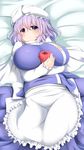  apple apron bad_id bad_pixiv_id bangs bed_sheet blue_eyes blue_skirt blush breasts capelet food fruit hair_between_eyes hat highres holding holding_food holding_fruit huge_breasts lavender_hair letty_whiterock long_sleeves looking_at_viewer lying shiro_oolong-cha skirt skirt_set solo touhou white_hat 