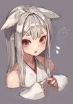  animal_ears bangs bare_shoulders blunt_bangs blush commentary_request cropped_torso dated dress embarrassed eyebrows_visible_through_hair fidgeting fox_ears grey_background grey_hair highres japanese_clothes long_hair long_sleeves looking_at_viewer nail_polish original parted_lips partial_commentary pink_nails red_eyes short_eyebrows signature simple_background sleeveless sleeves_past_wrists slit_pupils solo suzuno_(bookshelf) sweatdrop tears thick_eyebrows white_dress 