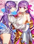  ass asymmetrical_bangs bangs blue_eyes blurry blush breasts cherry_blossoms choker claws closed_mouth commentary_request depth_of_field eyebrows_visible_through_hair fate/extra fate/extra_ccc fate_(series) grey_coat hair_ribbon halter_top halterneck highres huge_breasts juliet_sleeves long_hair long_sleeves looking_at_viewer looking_back meltlilith multiple_girls nekoremon o-ring o-ring_top outdoors parted_lips passion_lip petals puffy_sleeves purple_eyes purple_hair purple_ribbon ribbon sideboob sidelocks smile tareme thighhighs thighs very_long_hair white_ribbon 