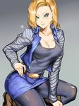  android_18 belt belt_buckle blonde_hair blue_eyes blue_skirt breasts brown_footwear buckle character_name cleavage denim denim_jacket denim_skirt dragon_ball dragon_ball_z earrings gradient gradient_background grey_background highres jewelry kumiko_shiba looking_at_viewer medium_breasts panties pantyhose parted_lips revision shirt shoes short_hair skirt smile solo squatting striped striped_shirt thighs underwear 