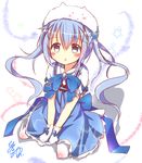  adapted_costume animal_hat bangs between_legs blue_bow blue_dress blue_eyes blue_neckwear blush bow bowtie brooch bunny_hat character_hat chestnut_mouth collared_shirt dress eyebrows_visible_through_hair flat_chest frilled_dress frills from_above full_body gloves gochuumon_wa_usagi_desu_ka? hair_between_eyes hair_ornament hand_between_legs hat hinata_yuu_(atelierhinata) jewelry kafuu_chino light_blue_hair long_hair looking_at_viewer magical_girl open_mouth pantyhose shirt short_sleeves sidelocks signature sitting sketch solo star tippy_(gochiusa) twintails very_long_hair wariza white_background white_gloves white_hat white_legwear white_shirt wing_collar x_hair_ornament 