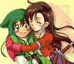  1girl aira_(dq7) artist_request blush dragon_quest dragon_quest_vii hat hero_(dq7) long_hair lowres open_mouth short_hair smile source_request 