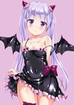 black_dress collarbone demon_girl demon_horns demon_wings dress dress_lift eyebrows_visible_through_hair highres horns lifted_by_self long_hair looking_at_viewer naka new_game! purple_eyes purple_hair shiny shiny_clothes simple_background smile solo standing strap_slip suzukaze_aoba wings 