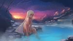  arm_support bangs barefoot between_legs blonde_hair breasts breath bush cloud cloudy_sky convenient_arm eyelashes gradient_sky hair_between_eyes hand_between_legs highres knee_up leaning_forward long_hair looking_at_viewer nipples nude on_ground open_mouth outdoors paintrfiend red_eyes river rock sitting sky small_breasts snowing soaking_feet solo sunset very_long_hair water waterfall wet 