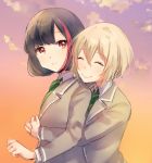  2girls ^_^ aoba_moka bang_dream! bangs black_hair blazer bob_cut closed_eyes collared_shirt eyes_closed green_neckwear grey_hair grey_jacket haneoka_school_uniform hug hug_from_behind jacket komachi_narota long_sleeves mitake_ran multicolored_hair multiple_girls necktie red_eyes red_hair school_uniform shirt short_hair smile streaked_hair striped striped_neckwear sunset upper_body 