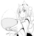  :3 animal_ears bangs blush bowl dutch_angle eyebrows_visible_through_hair food foreshortening greyscale hat holding holding_food inubashiri_momiji looking_at_viewer monochrome pom_pom_(clothes) shirt smile solo spoon tail taurine_8000mg tokin_hat touhou twitter_username v-shaped_eyebrows white_background wide_sleeves wolf_ears wolf_tail 