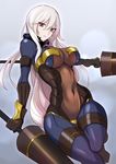  bodysuit breasts covered_navel dual_wielding fur_trim highres holding holding_weapon lance large_breasts long_hair looking_at_viewer pixiv_fantasia pixiv_fantasia_revenge_of_the_darkness polearm purple_eyes silver_hair solo very_long_hair weapon webslinger 