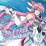  blue_eyes commentary covered_navel day gloves h-new headphones maria_cadenzavna_eve one_eye_closed pink_hair senki_zesshou_symphogear signature sky 