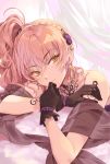  1girl arm_support bare_shoulders blush bracelet braid curtains earrings eyebrows_visible_through_hair eyelashes feathers gloves hair_between_eyes hair_ornament heart heart_earrings idolmaster idolmaster_cinderella_girls idolmaster_cinderella_girls_starlight_stage inzup jewelry jougasaki_mika lace lace_gloves long_hair looking_to_the_side necklace pearl_bracelet pink_hair shawl side_ponytail smile solo upper_body yellow_eyes 