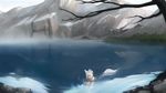  animal_ears bare_tree closed_mouth day forest fox_ears fox_girl fox_tail highres lake long_hair mountain nature nude original outdoors paintrfiend partially_submerged ripples scenery solo swimming tail tree water water_surface white_hair 