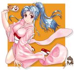  1girl 90s artist_request bare_legs blue_hair botan_(yuu_yuu_hakusho) breasts dress female kimono long_hair looking_at_viewer mask medium_breasts ponytail purple_eyes shiny_skin sketch smile yuu_yuu_hakusho 