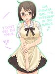  1girl 403_(artist) :d apron black_eyes black_hair blush cosplay creator_connection glasses hard_translated open_mouth ribbon servant_x_service short_hair smile solo sweatdrop translated waitress working!! yamagami_lucy 
