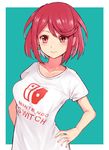  breasts earrings hand_on_hip highres homura_(xenoblade_2) jewelry medium_breasts nintendo_switch no_headwear print_shirt red_eyes red_hair saito_(pigrank) shirt short_hair simple_background solo t-shirt white_shirt xenoblade_(series) xenoblade_2 