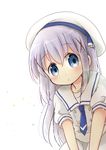  bangs beret blue_eyes blush closed_mouth eyebrows_visible_through_hair gochuumon_wa_usagi_desu_ka? hair_between_eyes hair_ornament hat kafuu_chino kafuu_chino's_school_uniform katamari_(haruumi00) leaning_to_the_side long_hair looking_at_viewer purple_hair school_uniform serafuku shirt short_sleeves simple_background skirt solo tareme v_arms very_long_hair white_background white_hat white_shirt white_skirt x_hair_ornament 