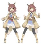  1girl :d absurdres amane_rosylily animal_ear_fluff animal_ears bangs belt belt_buckle black_legwear blush boots brown_belt brown_coat brown_eyes brown_footwear brown_hair buckle clenched_hands coat collarbone commentary_request criss-cross_halter dress eyebrows_visible_through_hair fang fox_ears fox_girl fox_tail halterneck highres knee_boots long_sleeves looking_at_viewer multiple_views open_clothes open_coat open_mouth original sekira_ame simple_background smile standing tail thighhighs white_background white_dress 