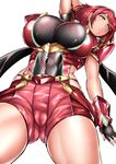  60lailah bad_id bad_pixiv_id blush breasts covered_navel earrings fingerless_gloves gloves hair_ornament homura_(xenoblade_2) jewelry large_breasts looking_at_viewer red_eyes red_hair short_hair shorts sidelocks simple_background solo tiara white_background xenoblade_(series) xenoblade_2 