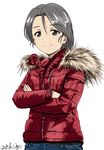  artist_name bangs bukkuri casual closed_mouth coat crossed_arms dated eyebrows_visible_through_hair freckles fur-trimmed_coat fur_trim girls_und_panzer grey_eyes grey_hair hooded_coat long_hair looking_at_viewer parted_bangs piyotan ponytail signature simple_background smile solo standing upper_body white_background 