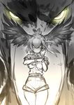  adjusting_clothes adjusting_gloves angry bangs bird collared_shirt commentary cowboy_shot feathers fingerless_gloves floating_hair glaring gloves glowing glowing_eyes guchico hair_between_eyes hair_wings highres kemono_friends looking_at_viewer monochrome necktie pantyhose shirt shoebill shoebill_(kemono_friends) short_hair shorts sketch solo spot_color staring yellow_eyes zoom_layer 