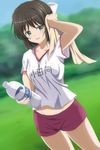  absurdres armpit_peek black_hair blurry bottle bow commentary_request depth_of_field dutch_angle green_eyes groin gym_uniform hair_bow highres holding holding_bottle kohinata_miku looking_at_viewer name_tag narayu open_mouth pocari_sweat red_shorts senki_zesshou_symphogear shirt short_hair short_shorts shorts solo towel water_bottle white_bow white_shirt 