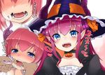  bangs blush cloak collarbone commentary_request elizabeth_bathory_(brave)_(fate) elizabeth_bathory_(fate) elizabeth_bathory_(fate)_(all) elizabeth_bathory_(halloween)_(fate) eyebrows_visible_through_hair fangs fate/extra fate/extra_ccc fate/grand_order fate_(series) fujisaki_hikari hair_between_eyes half-closed_eyes hat heart horns long_hair multiple_views nose_blush open_mouth out_of_frame pointy_ears purple_hair saliva sidelocks smile sweat tears upper_body witch_hat 