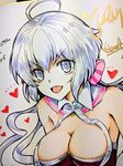  :d absurdres ahoge bare_shoulders breasts cleavage cleavage_cutout commentary_request hair_between_eyes heart highres hinahime large_breasts long_hair looking_at_viewer marker_(medium) no_headgear open_mouth photo purple_eyes purple_hair senki_zesshou_symphogear shikishi silver_hair smile solo traditional_media twintails yukine_chris 