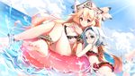  anklet anne_bonny_(fate/grand_order) bangs bikini blonde_hair blue_eyes blue_hair blue_sky blush bracelet breasts cleavage closed_mouth clouble cloud cloudy_sky commentary_request day dutch_angle fate/grand_order fate_(series) fingers_together hair_flaps hat highres innertube jewelry legs light_rays long_hair mary_read_(fate/grand_order) multiple_girls outdoors own_hands_together pirate_hat red_bikini red_eyes sidelocks sky small_breasts smile soles sunbeam sunlight swimsuit thighs toes two_side_up very_long_hair water_drop wavy_hair white_bikini white_hair 