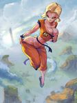  :o android_18 ass blonde_hair blue_eyes breasts cleavage collarbone cosplay cutesexyrobutts dragon_ball dragon_ball_z hips huge_ass kuririn kuririn_(cosplay) large_breasts looking_down midair navel parted_lips short_hair slender_waist solo thighs 