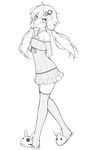  :d animal_slippers arm_warmers bangs blush bunny_slippers dress eyebrows_visible_through_hair from_side full_body greyscale hair_between_eyes haruyuki_(yukichasoba) looking_at_viewer low_twintails monochrome open_mouth simple_background slippers smile solo standing thighhighs twintails vocaloid voiceroid yuzuki_yukari 