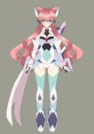 absurdres blue_eyes blush boots breasts cleavage_cutout covered_navel elbow_gloves frown full_body gloves grey_background highres large_breasts lc5_(kazuya) long_hair looking_at_viewer maria_cadenzavna_eve pink_hair senki_zesshou_symphogear simple_background solo thigh_boots thighhighs very_long_hair white_gloves 