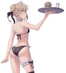  1girl absurdres arm_up artoria_pendragon_(all) artoria_pendragon_(swimsuit_rider_alter)_(fate) ass asymmetrical_legwear bangs bare_arms bare_shoulders bikini black_bikini black_legwear black_ribbon blonde_hair blunt_bangs boa_(brianoa) braid closed_mouth commentary cowboy_shot eyebrows_visible_through_hair fate/grand_order fate_(series) food from_behind garters glass hair_bun hamburger headdress highres holding holding_tray kneehighs looking_at_viewer looking_back maid_bikini neck_garter ribbon saber_alter simple_background single_kneehigh skin_tight solo standing swimsuit tray white_background yellow_eyes 