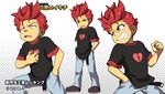  angry belt character_name character_sheet clenched_hand clenched_teeth constricted_pupils denim grey_background halftone halftone_background hand_on_own_chest hands_in_pockets jeans male_focus mushiking official_art pants purple_eyes red_hair shin_kouchuu_ouja_mushiking shirataki shirt short_hair simple_background sweatdrop t-shirt tachihara_eikichi teeth watermark white_background 