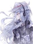  blue_eyes blush earmuffs eyebrows_visible_through_hair hammer_and_sickle hat hibiki_(kantai_collection) kantai_collection kvlen long_hair looking_to_the_side parted_lips silver_hair solo upper_body verniy_(kantai_collection) white_hat 