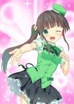  ;d alternate_costume bangs black_skirt blunt_bangs blush bow bowtie breasts brown_hair buttons commentary_request cowboy_shot flower foreshortening frilled_skirt frills gochuumon_wa_usagi_desu_ka? green_bow green_eyes green_hat green_neckwear green_ribbon green_vest hair_flower hair_ornament hat hat_bow long_hair looking_at_viewer medium_breasts mini_hat mutou_riu one_eye_closed open_mouth outstretched_arm puffy_short_sleeves puffy_sleeves rabbit_house_uniform ribbon shirt short_sleeves side_ponytail sidelocks skirt smile solo sparkle standing two-tone_background ujimatsu_chiya vest white_flower white_shirt 