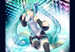  aqua_eyes aqua_hair boots commentary_request detached_sleeves hatsune_miku headset long_hair nail_polish necktie one_eye_closed open_mouth outstretched_arm sitting skirt solo thigh_boots thighhighs tougo twintails very_long_hair vocaloid 