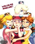  4girls blonde_hair blue_eyes brown_hair crown donkey_kong_(series) dress earrings eyeshadow flower_earrings friends grin hair_over_one_eye happy hat hug jewelry long_hair makeup mario_(series) mario_tennis multiple_girls nintendo pauline ponytail princess_daisy princess_peach red_dress rosetta_(mario) shirt short_hair skirt smile stocking super_mario_land super_mario_odyssey tears yellow_shirt 