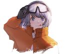  :q bangs black_gloves blue_eyes blue_hair blunt_bangs blush coat commentary_request eyebrows_visible_through_hair gloves hand_on_goggles hand_up highres long_sleeves looking_at_viewer orange_coat original sako_(user_ndpz5754) shirt short_hair simple_background smile solo tongue tongue_out v-shaped_eyebrows white_background white_shirt 