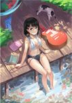  bangs bare_shoulders barefoot black_hair black_panties blue_bikini_bottom blue_eyes blunt_bangs bob_cut book breasts closed_mouth doitsu_no_kagaku earphones from_above guitar hair_ornament hairclip instrument legs_together looking_at_viewer looking_up media_player medium_breasts medium_hair open_book original panties platform shade sitting sketch smile soaking_feet solo swept_bangs thigh_gap topless towel towel_around_neck tree underwear water white_towel wind_chime 