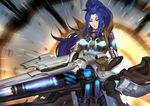  armor backlighting blue_eyes blue_hair bodysuit breasts caitlyn_(league_of_legends) debris expressionless glowing gun hair_slicked_back highres holding holding_gun holding_weapon huge_weapon large_breasts league_of_legends lips long_hair long_ponytail looking_at_viewer medium_breasts motion_blur parted_lips pd_(pdpdlv1) pulsefire_caitlyn rifle science_fiction sidelocks sniper_rifle upper_body weapon 