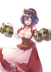 absurdres alcohol alternate_costume beer blush breasts cleavage collarbone eyebrows_visible_through_hair highres kushidama_minaka large_breasts looking_at_viewer oktoberfest one_eye_closed open_mouth purple_hair red_eyes short_hair simple_background smile solo touhou white_background yasaka_kanako 